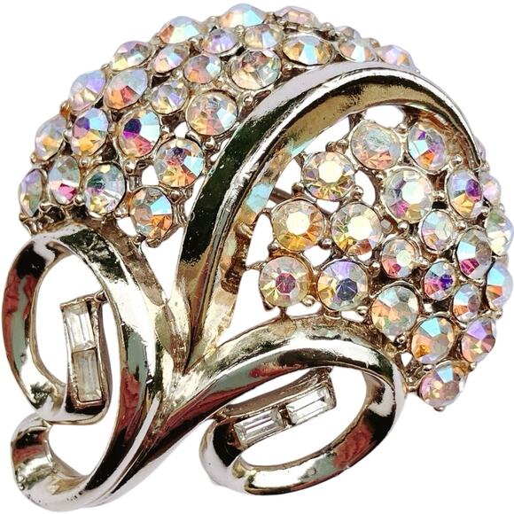 Vintage Signed Coro Brooch Mid Century AB Rhinestone Swirl Gold Tone 1950s - Picture 6 of 10